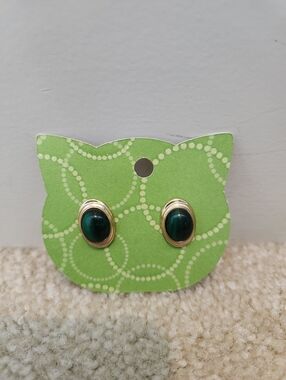 Vintage 1980s Emerald Green Marbled Gold Stud Earrings